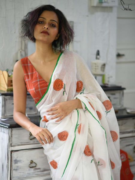 Alluring White Colored Festive Wear Pure Linen Designer Saree For Women