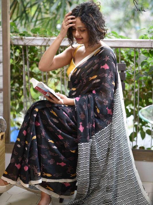 Pretty Black Colored Festive Wear Pure Linen Designer Saree For Women