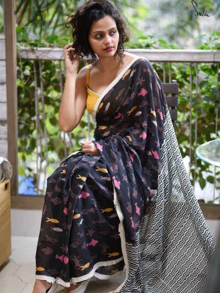 Pretty Black Colored Festive Wear Pure Linen Designer Saree For Women