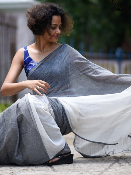 Exceptional Grey And White Colored Festive Wear Pure Linen Designer Saree For Women