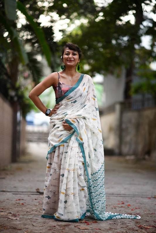 Graceful White And Rama Colored Festive Wear Pure Linen Designer Saree For Women