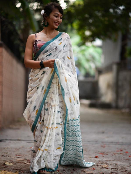 Graceful White And Rama Colored Festive Wear Pure Linen Designer Saree For Women