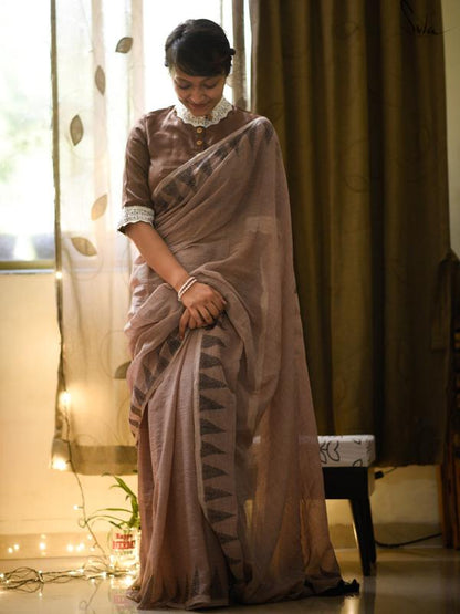 Amazing Brown Colored Festive Wear Pure Linen Beautiful Designer Saree For Women