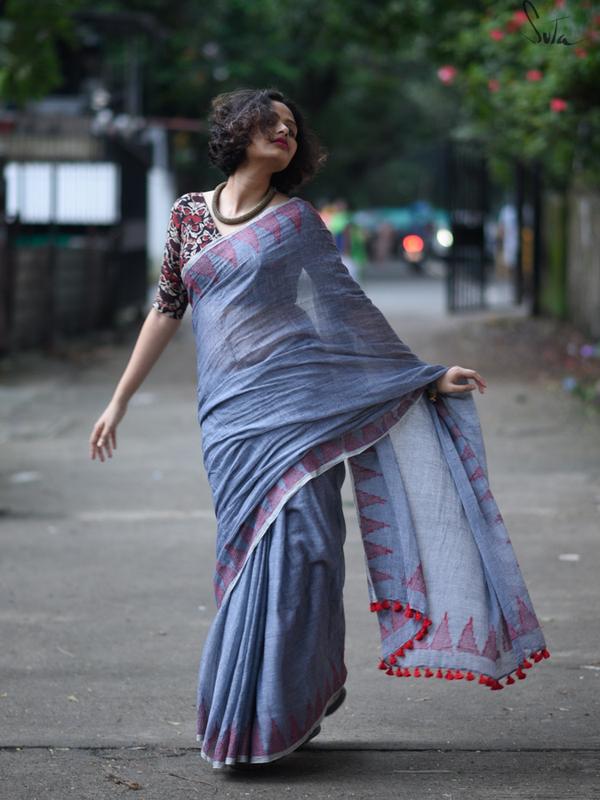 Flamboyant Blue Colored Festive Wear Pure Linen Designer Saree For Women