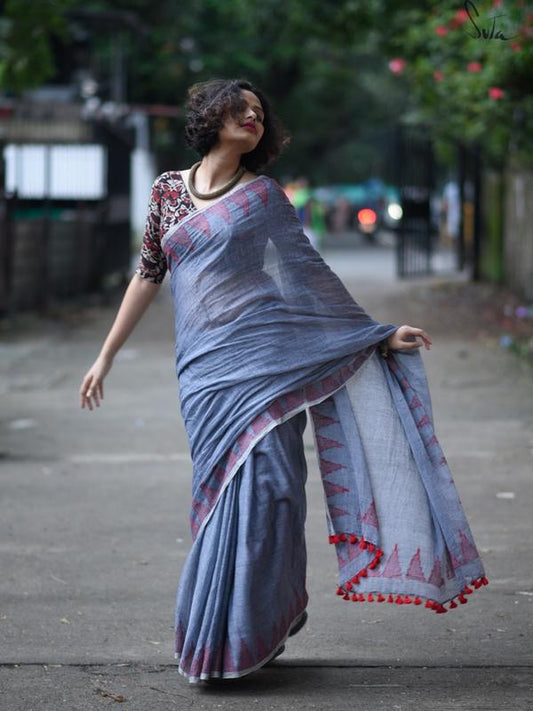 Flamboyant Blue Colored Festive Wear Pure Linen Designer Saree For Women