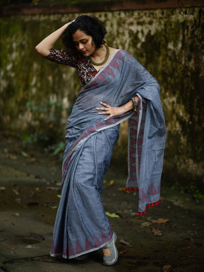 Flamboyant Blue Colored Festive Wear Pure Linen Designer Saree For Women