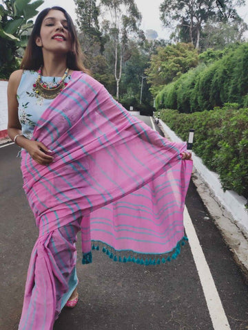 Traditional Baby Pink Colored Festive Wear Pure Linen Designer Saree For Women