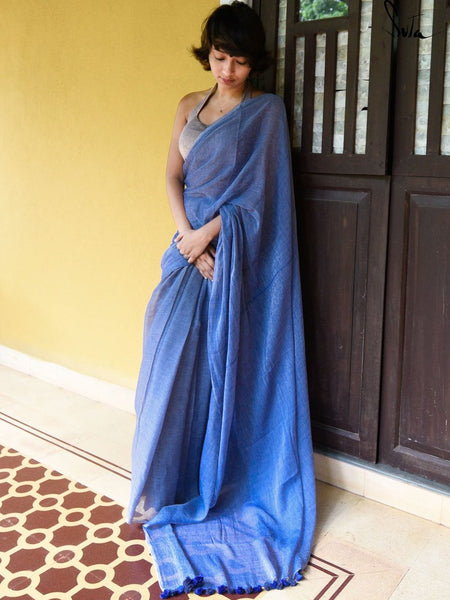 Trendy Royal Blue Colored Festive Wear Pure Linen Designer Saree For Women