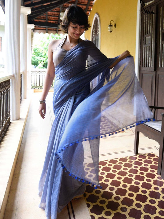 Trendy Royal Blue Colored Festive Wear Pure Linen Designer Saree For Women