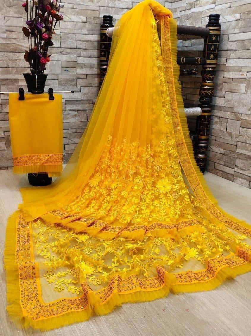 Designer Net Embroidered Saree with Blouse For Women