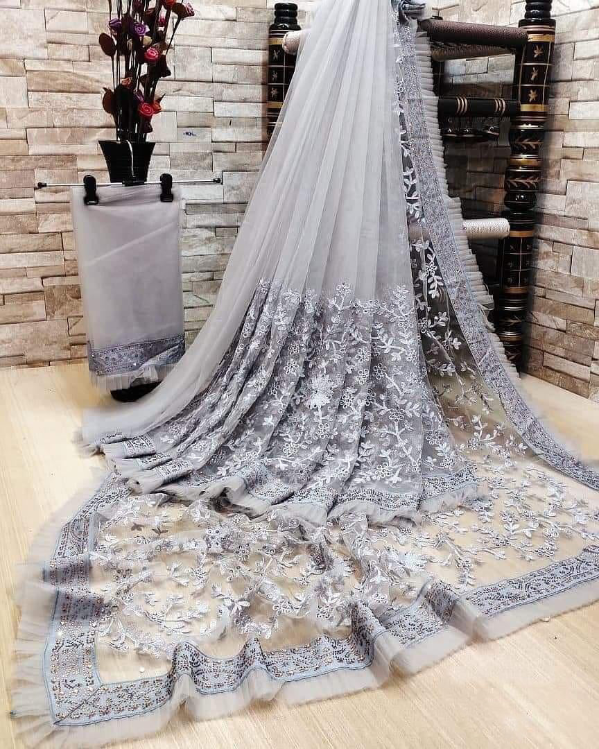 Designer Net Embroidered Saree with Blouse For Women