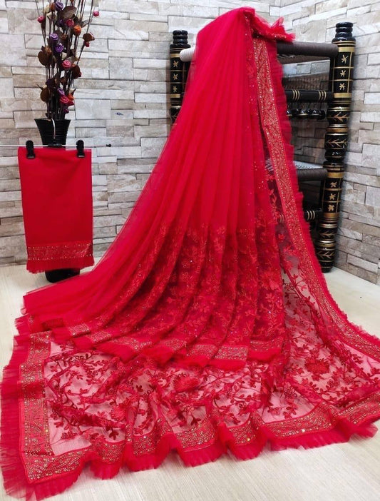 Designer Net Embroidered Saree with Blouse For Women