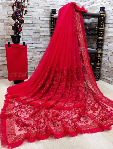 Designer Net Embroidered Saree with Blouse For Women
