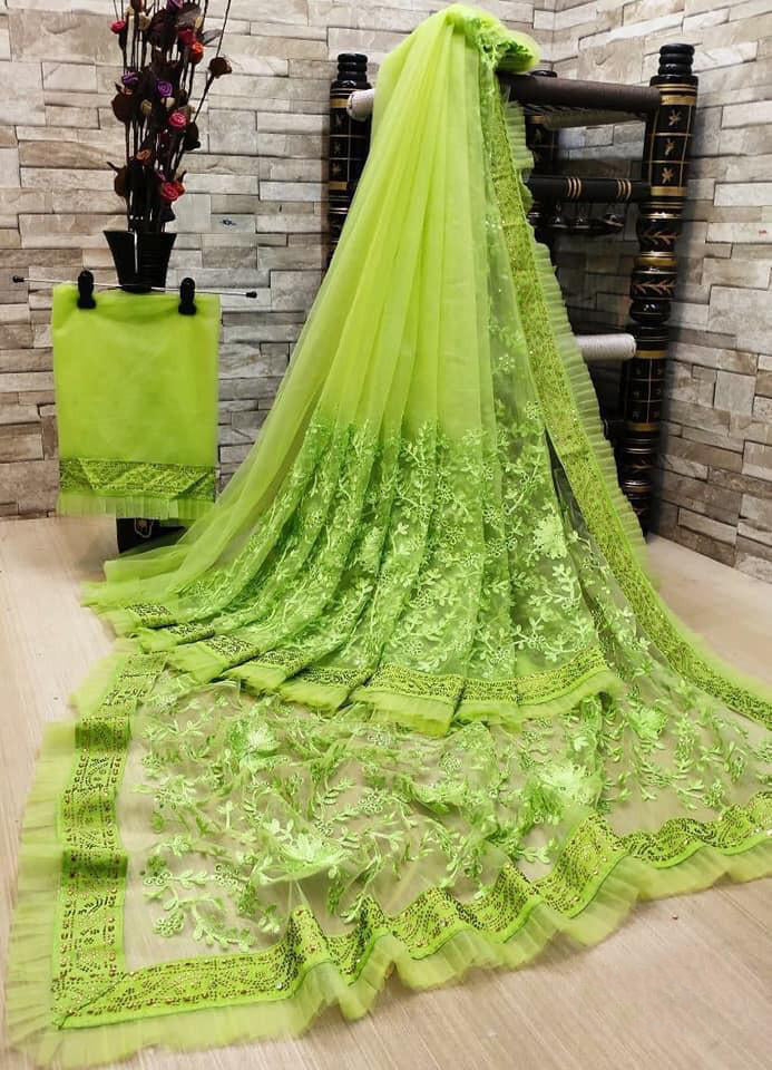 Designer Net Embroidered Saree with Blouse For Women