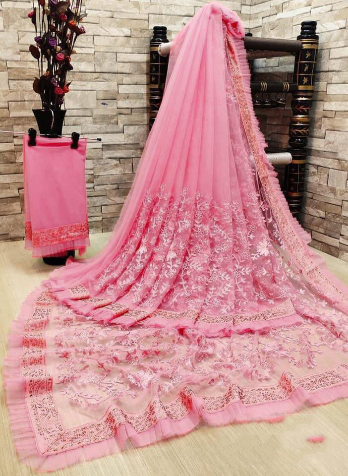 Designer Net Embroidered Saree with Blouse For Women