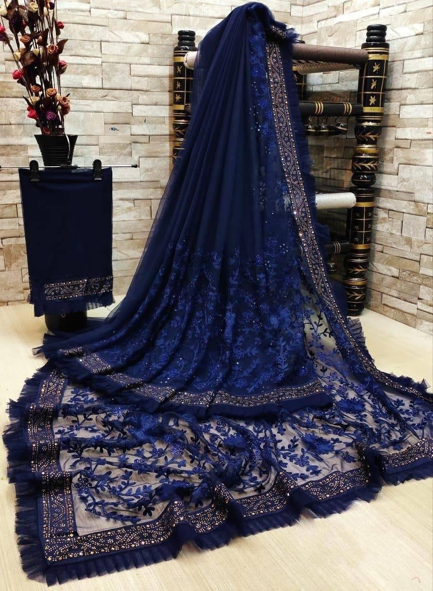 Designer Net Embroidered Saree with Blouse For Women