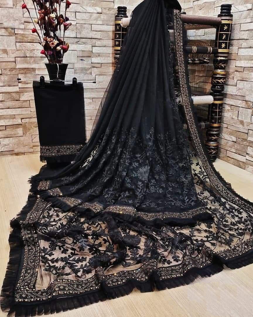 Designer Net Embroidered Saree with Blouse For Women
