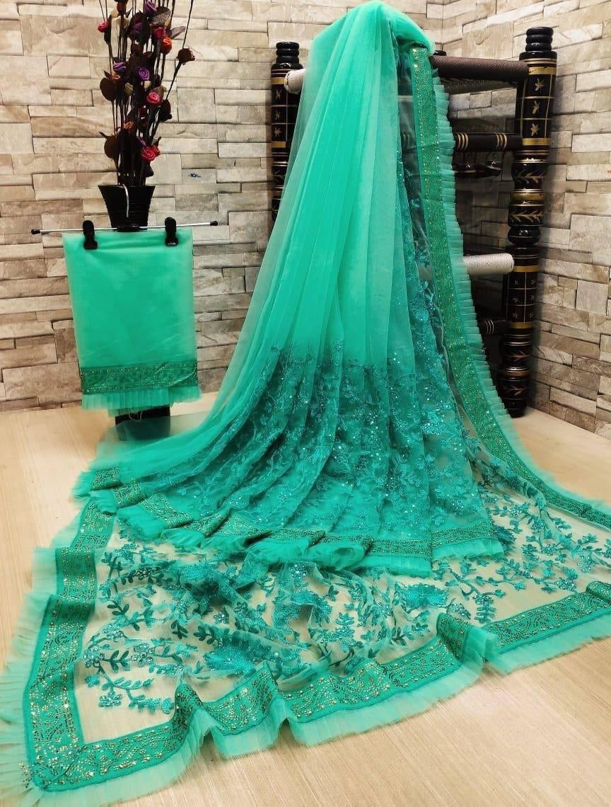 Designer Net Embroidered Saree with Blouse For Women