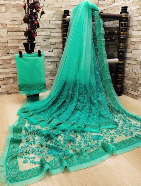 Designer Net Embroidered Saree with Blouse For Women