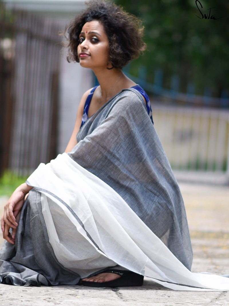 Exceptional Grey And White Colored Festive Wear Pure Linen Designer Saree For Women