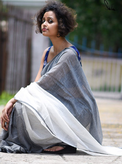Exceptional Grey And White Colored Festive Wear Pure Linen Designer Saree For Women