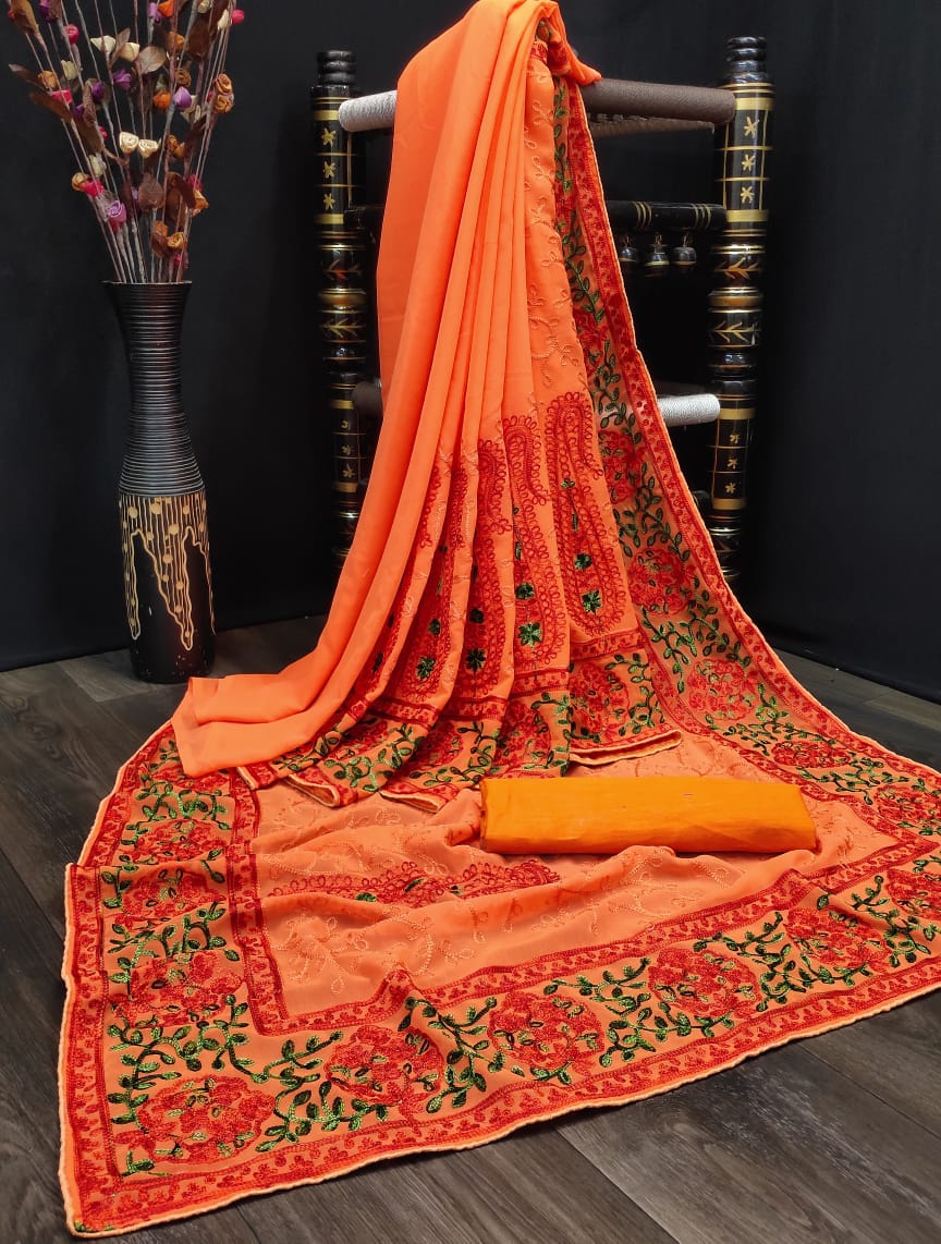 Kashmiri Embroidered Latest Designer Saree with Blouse