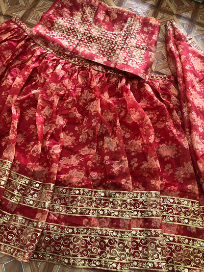 Organza With Embroidery And Digital Print Work Wedding Lehenga