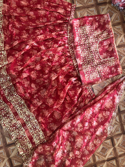 Organza With Embroidery And Digital Print Work Wedding Lehenga