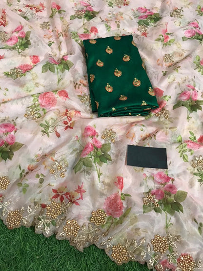 Party Wear Organza Digital printed Saree with designer Blouse