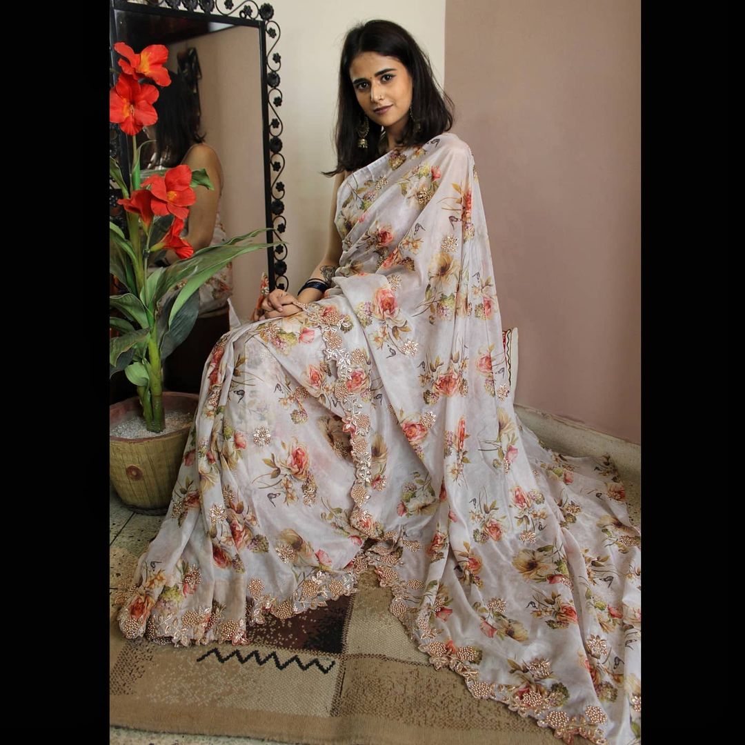 Party Wear Organza Digital printed Saree with designer Blouse