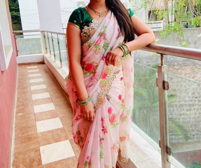 Party Wear Organza Digital printed Saree with designer Blouse