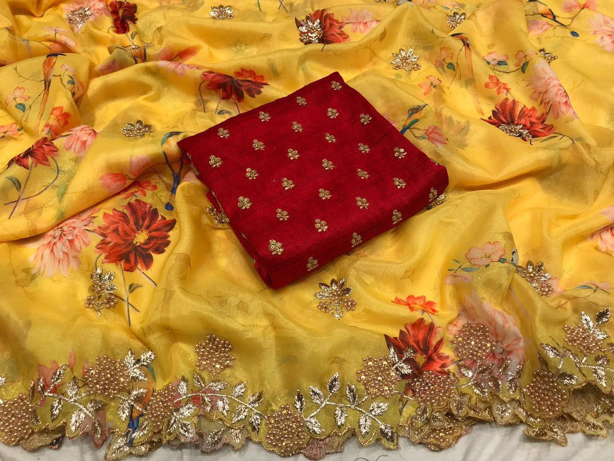 Party Wear Organza Digital printed Saree with designer Blouse