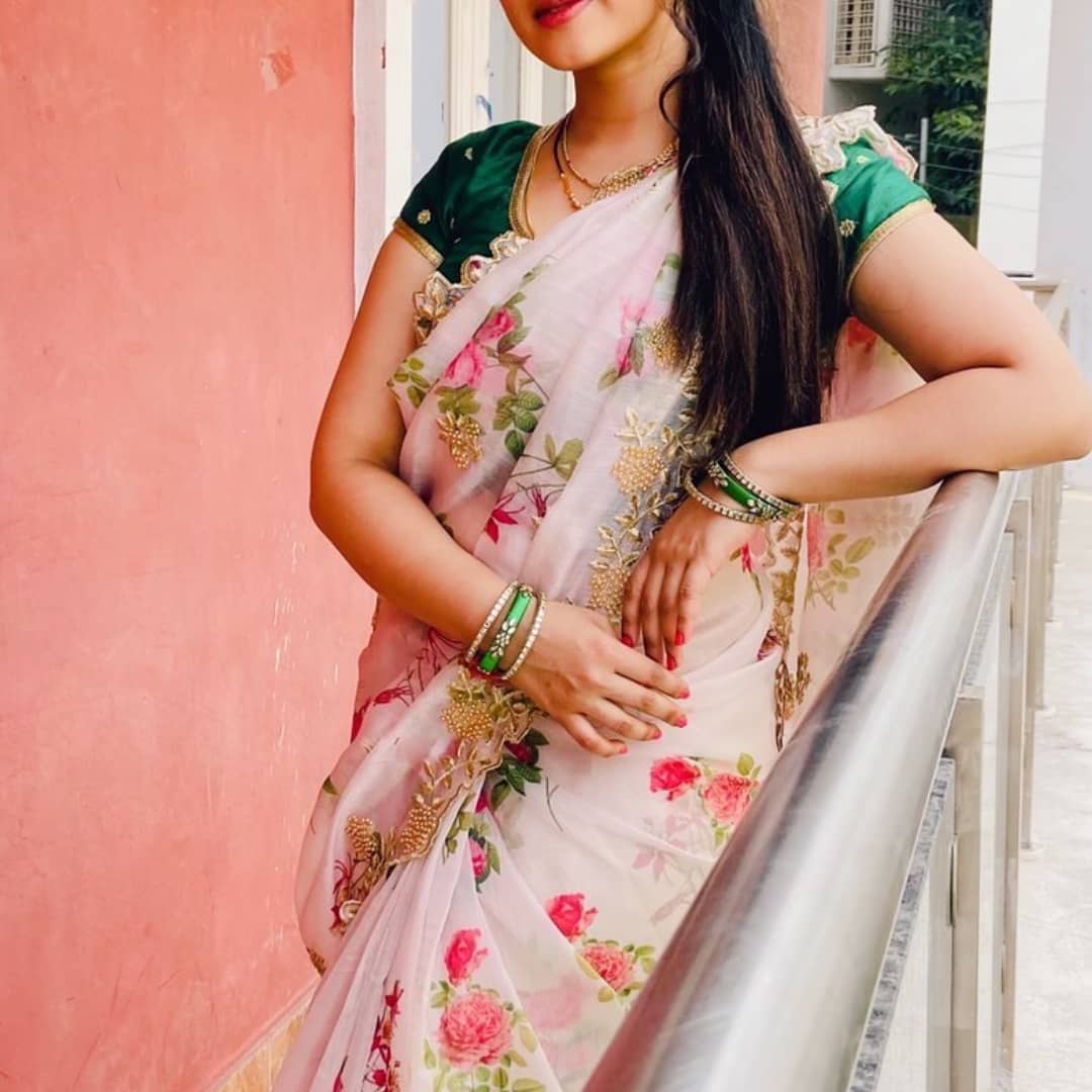 Party Wear Organza Digital printed Saree with designer Blouse