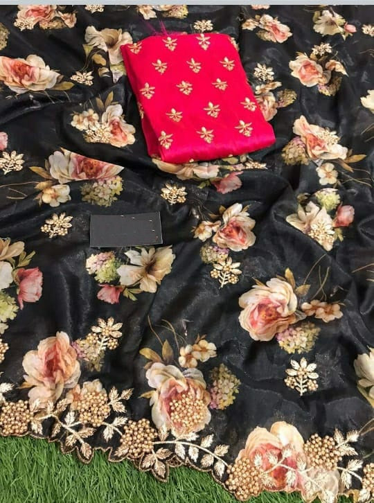 Party Wear Organza Digital printed Saree with designer Blouse