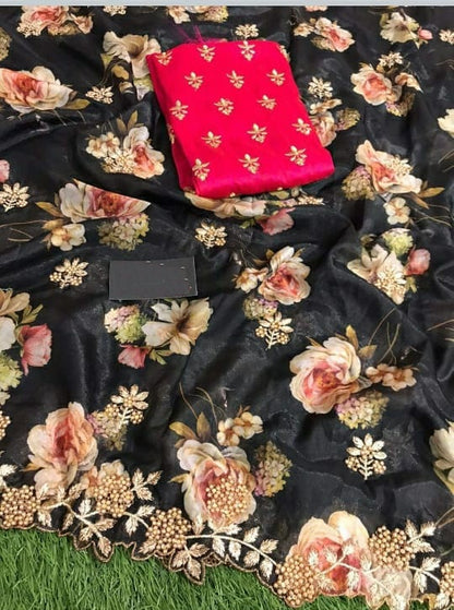 Party Wear Organza Digital printed Saree with designer Blouse