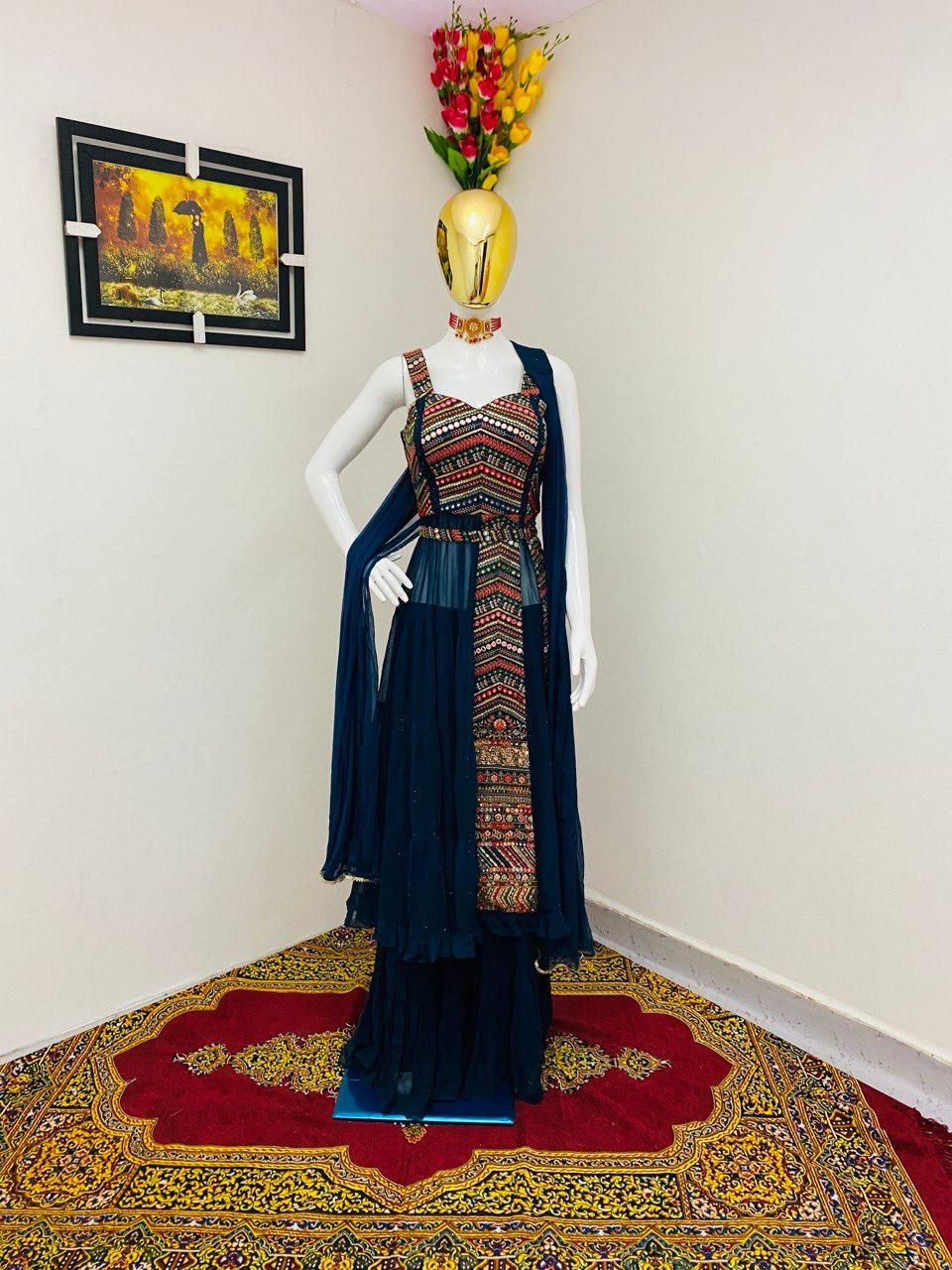 Party Wear Blue Color Embroidered Georgette Plazzo Salwar Suit Set For Women