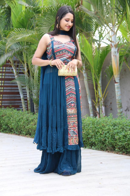 Party Wear Blue Color Embroidered Georgette Plazzo Salwar Suit Set For Women