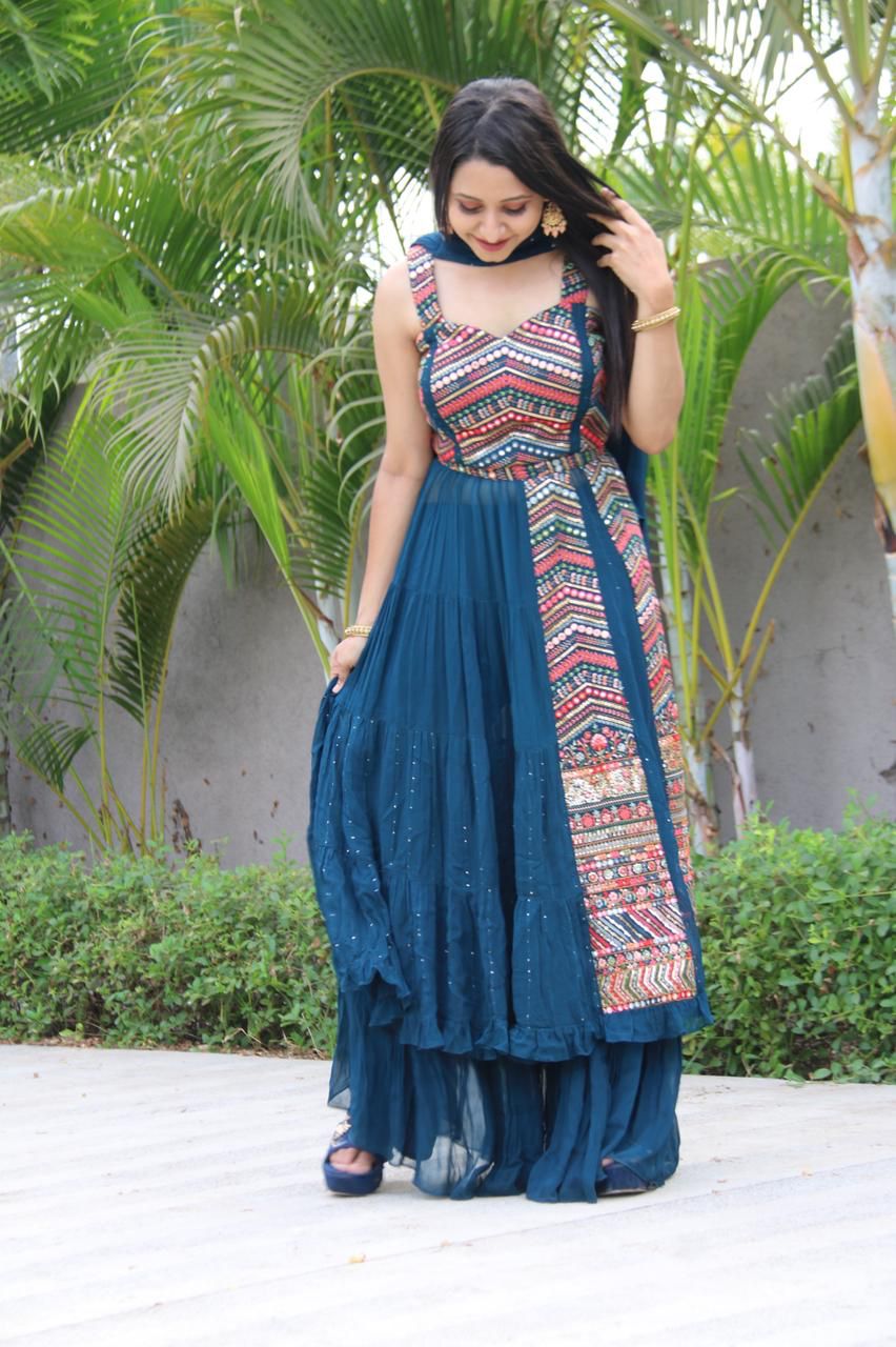 Party Wear Blue Color Embroidered Georgette Plazzo Salwar Suit Set For Women