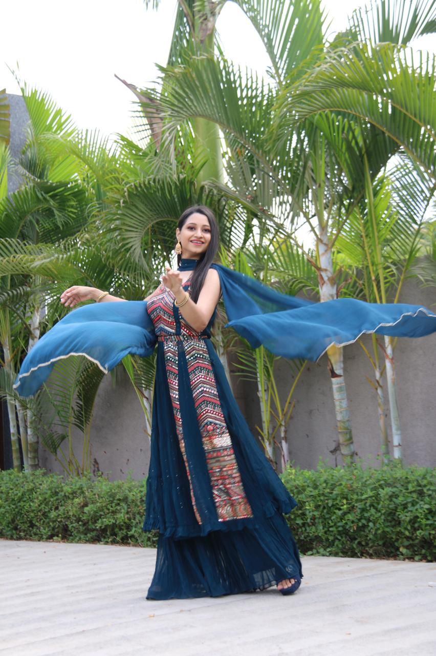 Party Wear Blue Color Embroidered Georgette Plazzo Salwar Suit Set For Women
