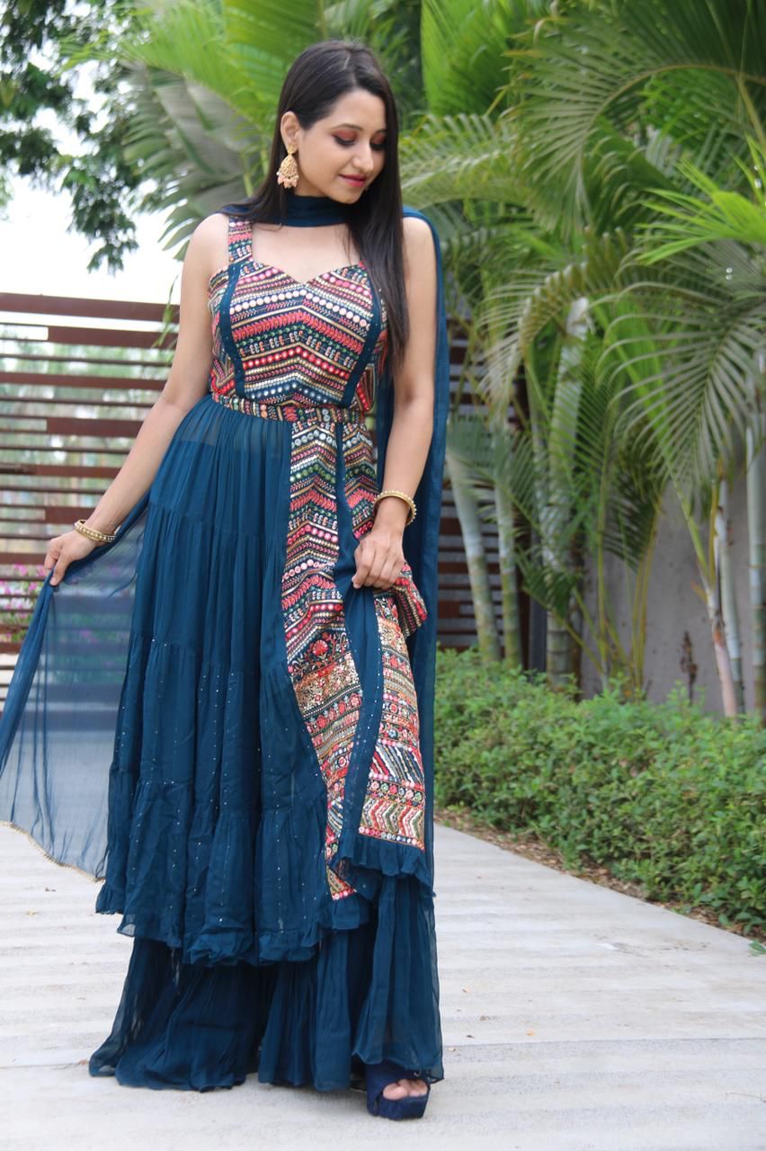 Party Wear Blue Color Embroidered Georgette Plazzo Salwar Suit Set For Women