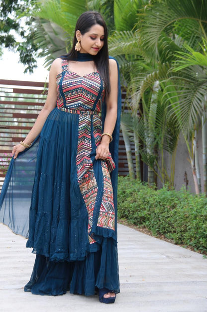 Party Wear Blue Color Embroidered Georgette Plazzo Salwar Suit Set For Women