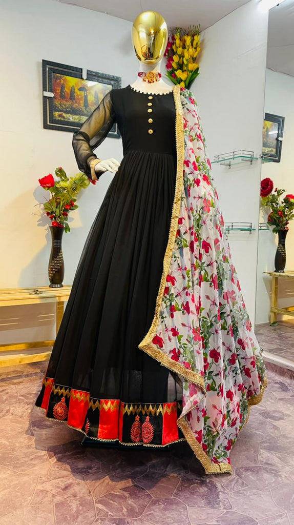 Buy RIBRONA Women's Solid Black Kurta Long Dress with Dupatta, Latest  Georgette Long Ethnic Anarkali Kurti Set Gown for Women (Small) at Amazon.in