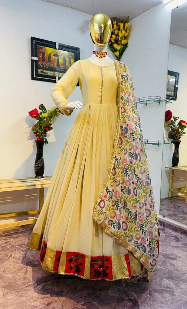 Party Wear Designer Digital Printed Long And Flared Gown With Dupatta –  Cygnus Fashion