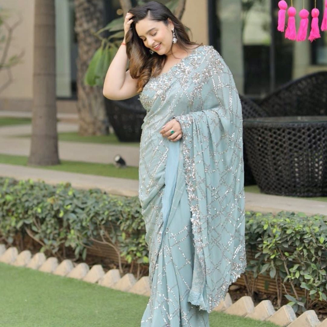 Winning Light Blue Color Georgette Sequence Work Saree Blouse