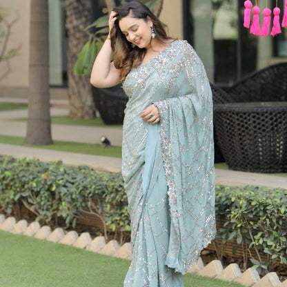 Winning Light Blue Color Georgette Sequence Work Saree Blouse