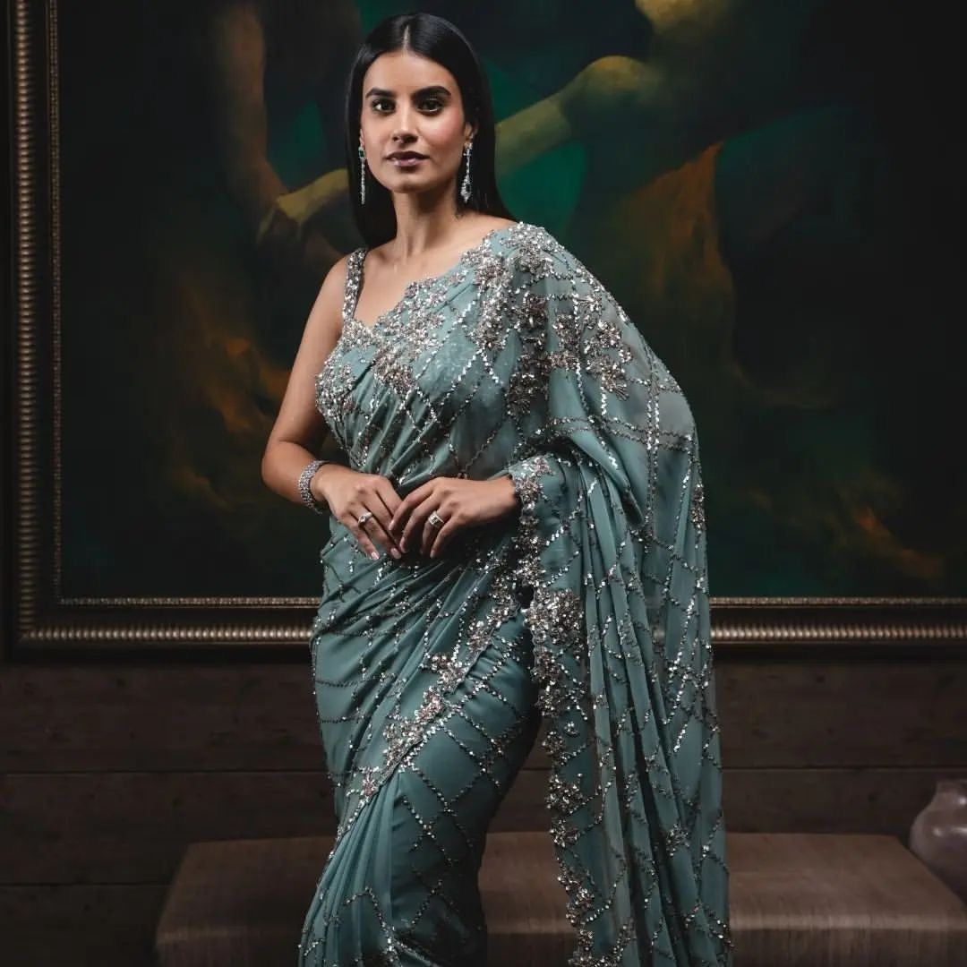 Winning Light Blue Color Georgette Sequence Work Saree Blouse