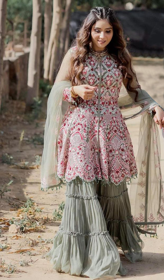 Party Wear Net Embroidered Sharara Plazzo Suit Set For Women
