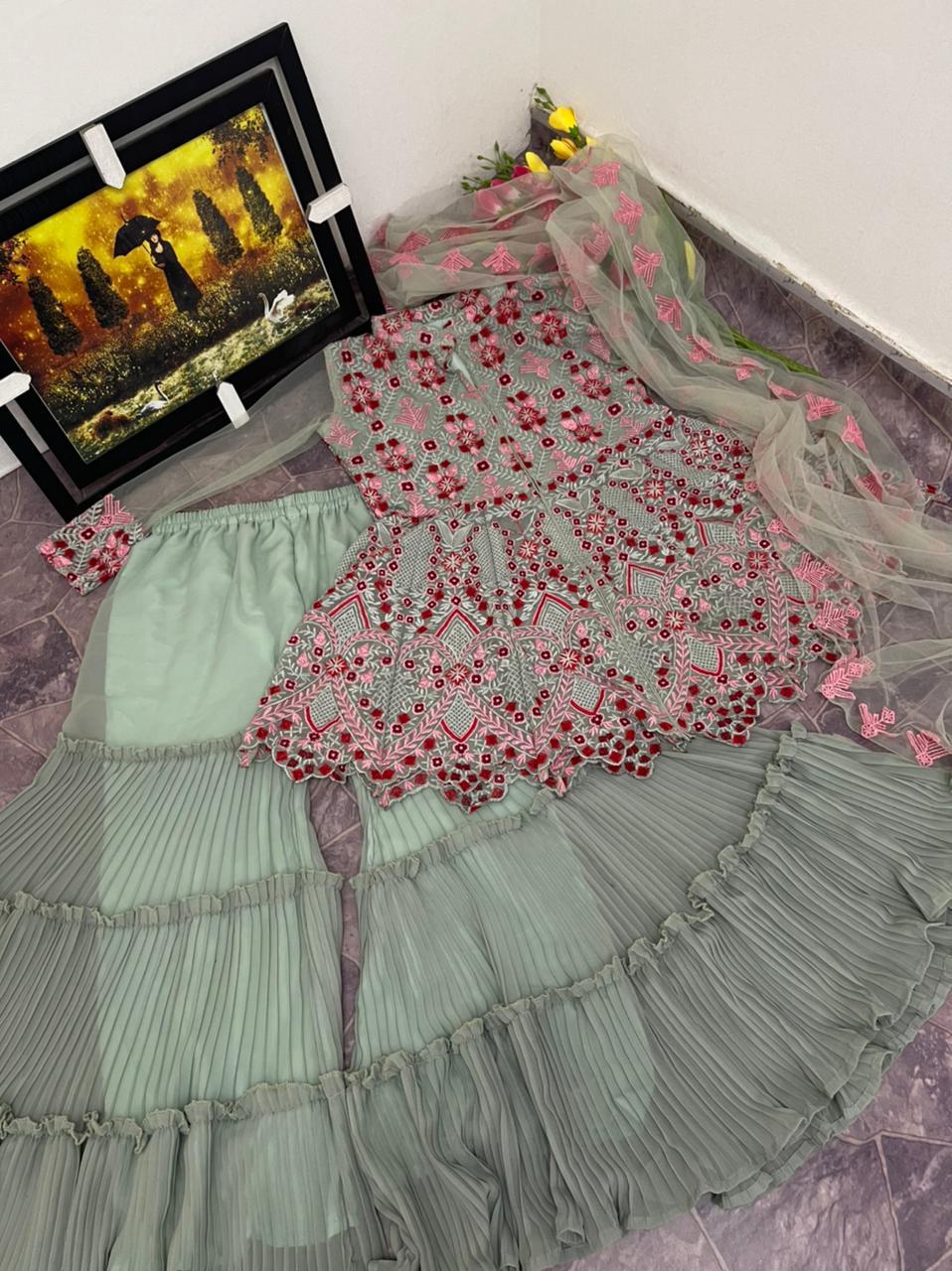 Party Wear Net Embroidered Sharara Plazzo Suit Set For Women