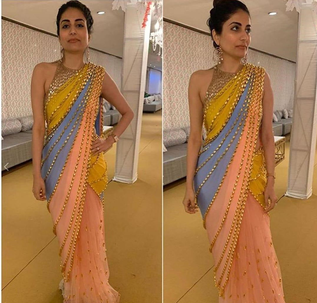 Awesome Peach Designer Georgette With Net Sequence Lace fancy designer saree