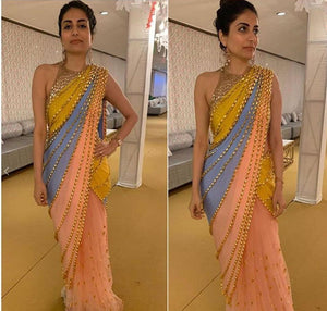 Awesome Peach Designer Georgette With Net Sequence Lace fancy designer saree